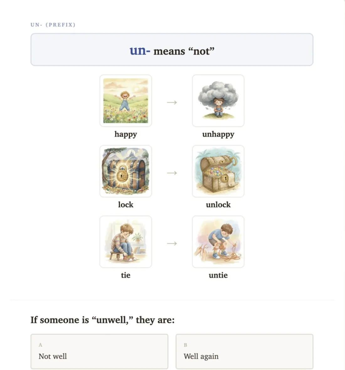 A morpheme-discovery card teaching the prefix 'un-'. Banner reads 'un- means not'. Three illustrated word pairs follow: happy/unhappy, lock/unlock, tie/untie. Below is a quiz: 'If someone is unwell, they are' with two options ('Not well' / 'Well again').